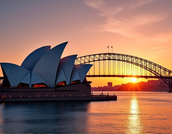 Sydney Opera House and Harbour Bridge at sunset